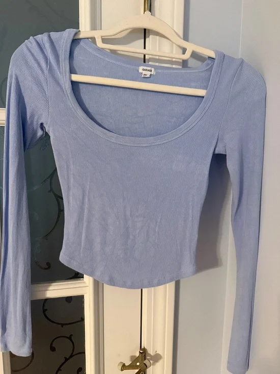 Garage Light Blue Ribbed Scoop Neck Long Sleeve Top - Picture 1 of 4